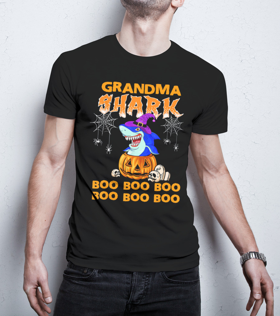 Grandma Shark Halloween Boo Boo Pumpkin Spider Webs T-Shirt