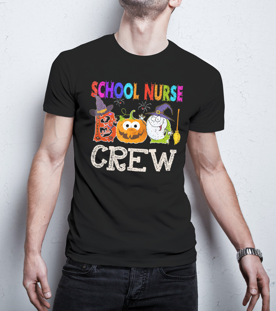 School Nurse Boo Crew Halloween Pumpkin Ghost Witches Hat Broom T-Shirt