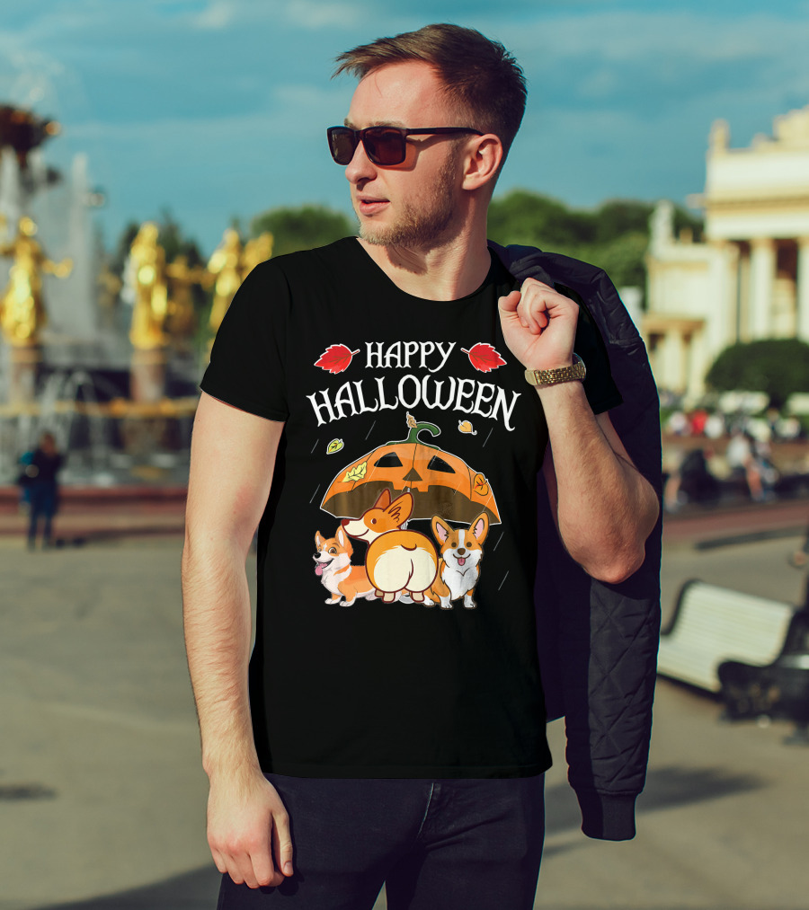 Happy Halloween Welsh Corgis Pumpkin Umbrella Rain T-Shirt