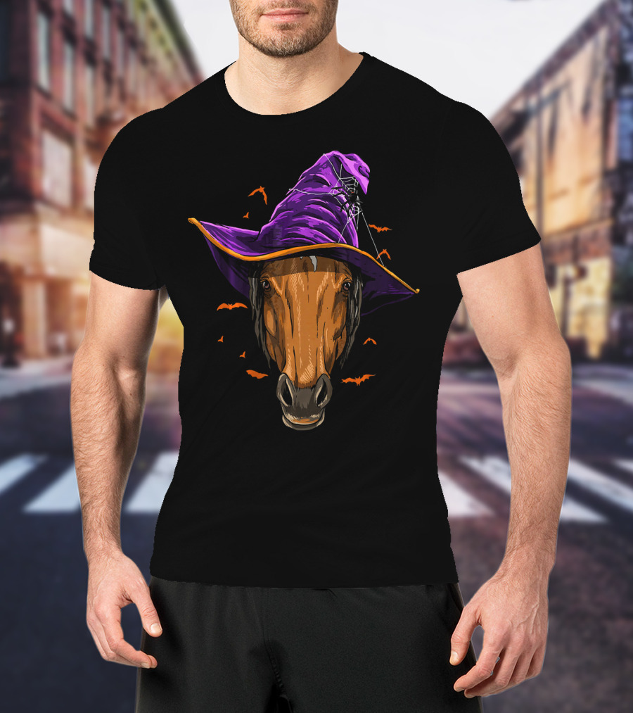Horse With Purple Witch Hat Surrounded By Bats And Spider Web T-Shirt