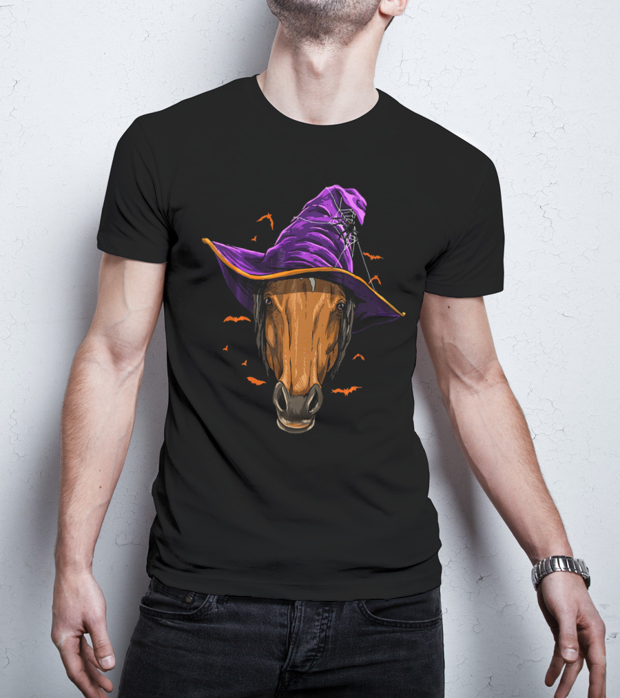 Horse With Purple Witch Hat Surrounded By Bats And Spider Web T-Shirt