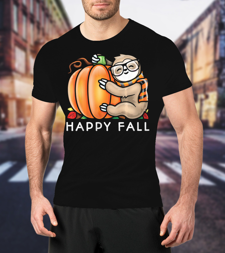 Happy Fall Cute Sloth Glasses Scarf Pumpkin Hug T-Shirt
