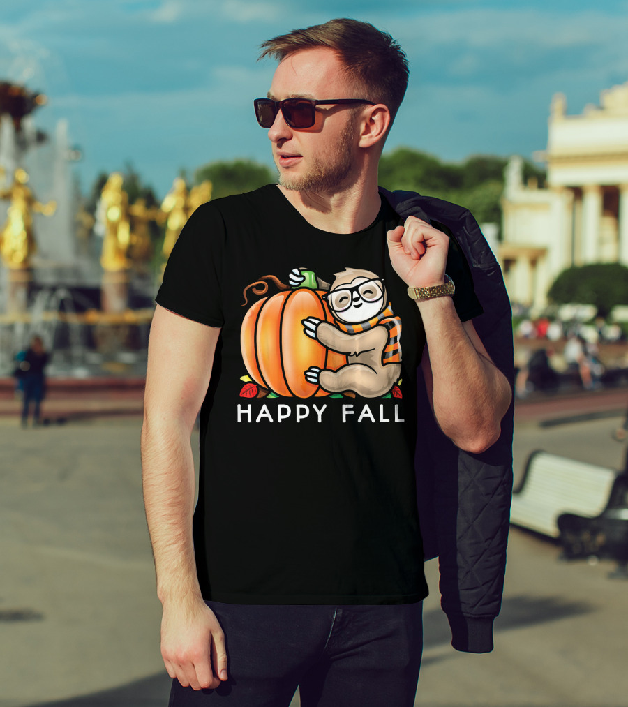 Happy Fall Cute Sloth Glasses Scarf Pumpkin Hug T-Shirt