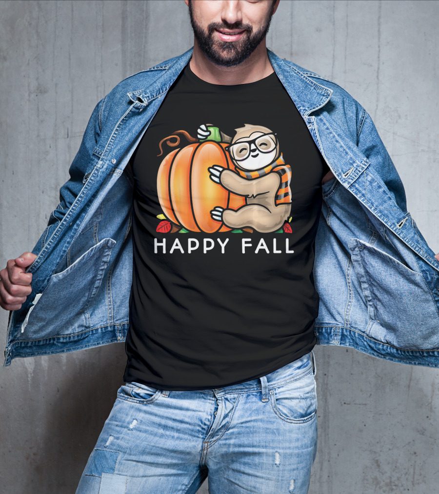 Happy Fall Cute Sloth Glasses Scarf Pumpkin Hug T-Shirt