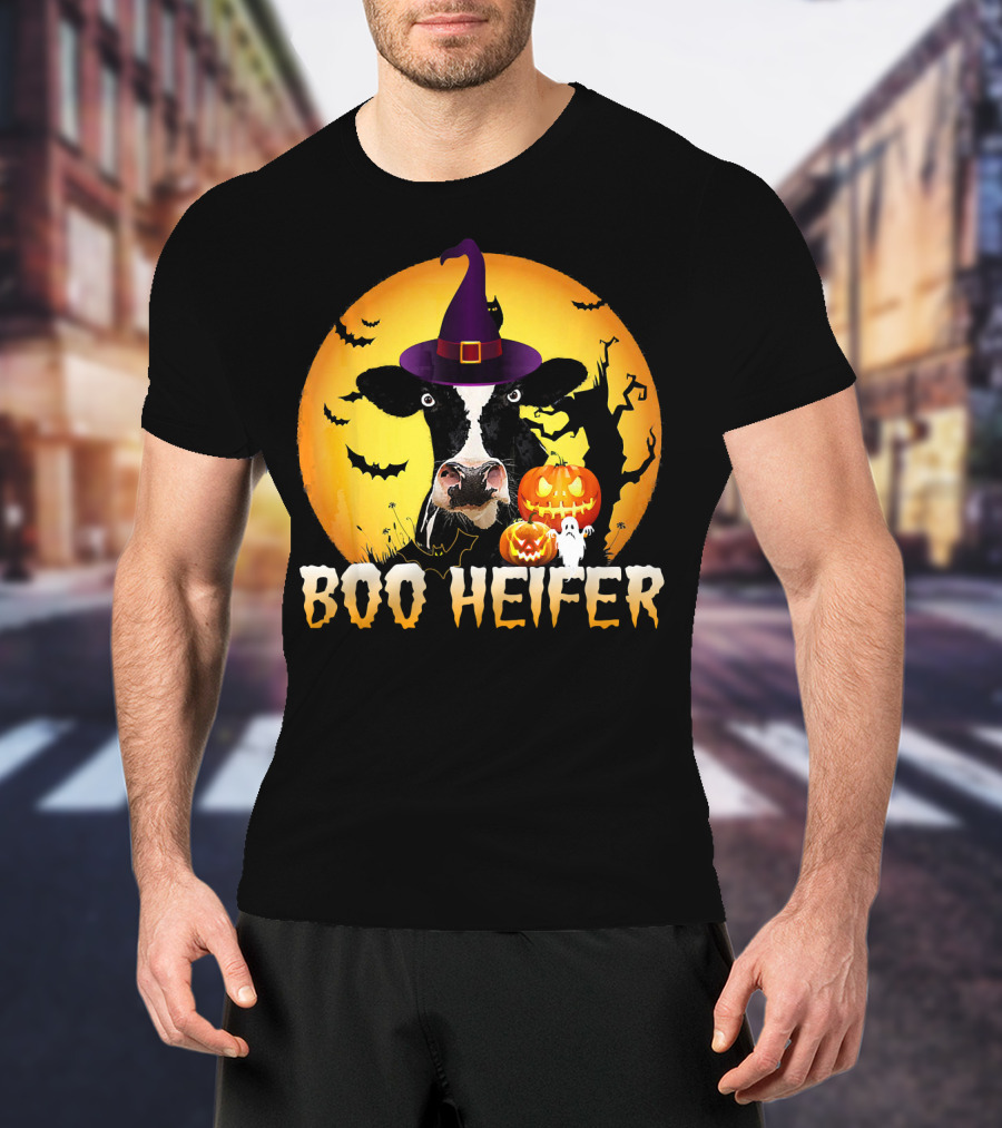 Boo Heifer Witch Hat Cow Halloween Moon Pumpkins Ghost T-Shirt