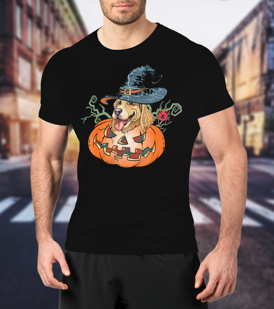 Halloween Golden Retriever Dog Lover Pumpkin Wizard Hat And Spider T-Shirt