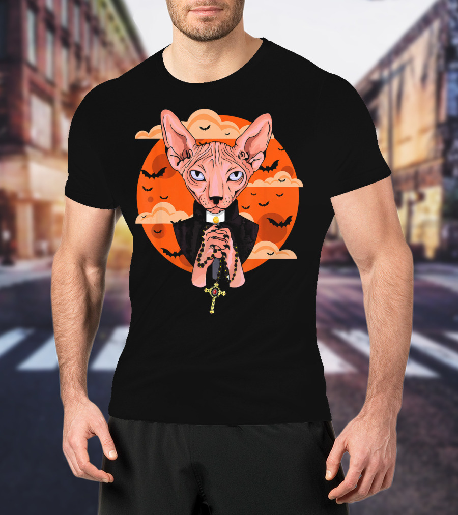 Funny Sphynx Priest With Rosary And Bats Hall T-Shirt