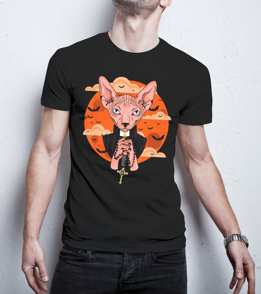 Funny Sphynx Priest With Rosary And Bats Hall T-Shirt