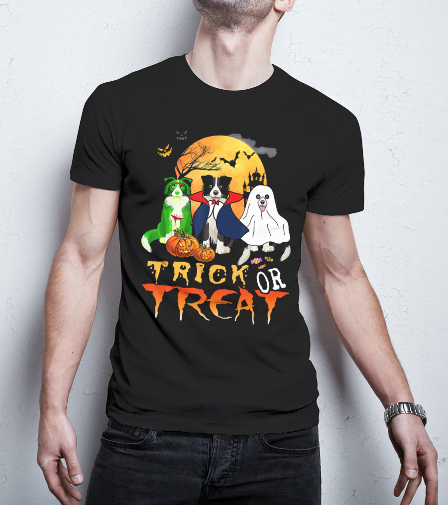 Trick Or Treat Halloween Border Collie Costumes Pumpkins Haunted Moon T-Shirt