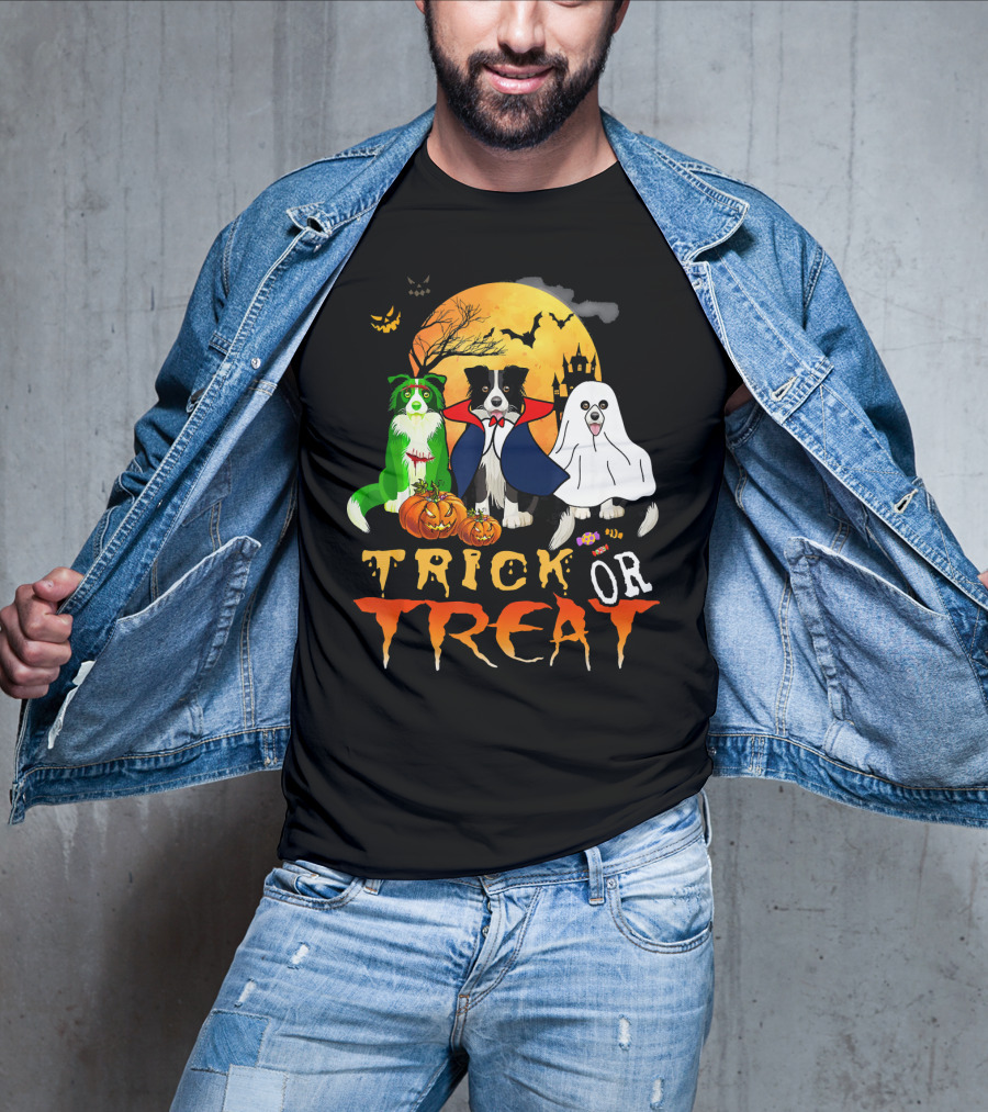 Trick Or Treat Halloween Border Collie Costumes Pumpkins Haunted Moon T-Shirt