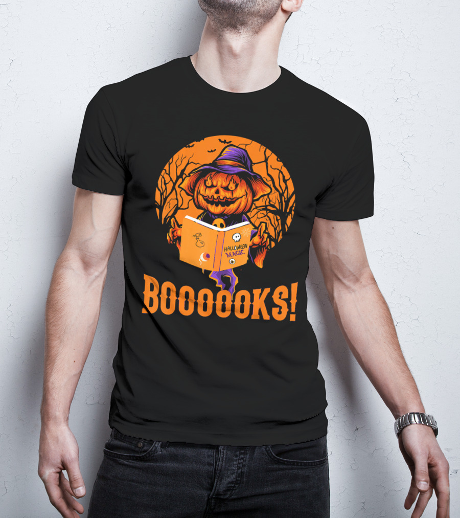 BOOOOKS Halloween Magic Pumpkin Reading Spooky Trees T-Shirt