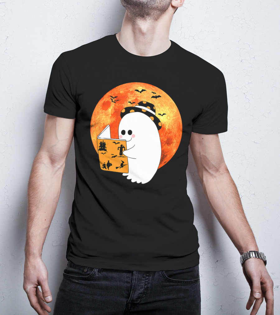 Halloween Ghost Reading Boo Books With Orange Moon And Bats T-Shirt