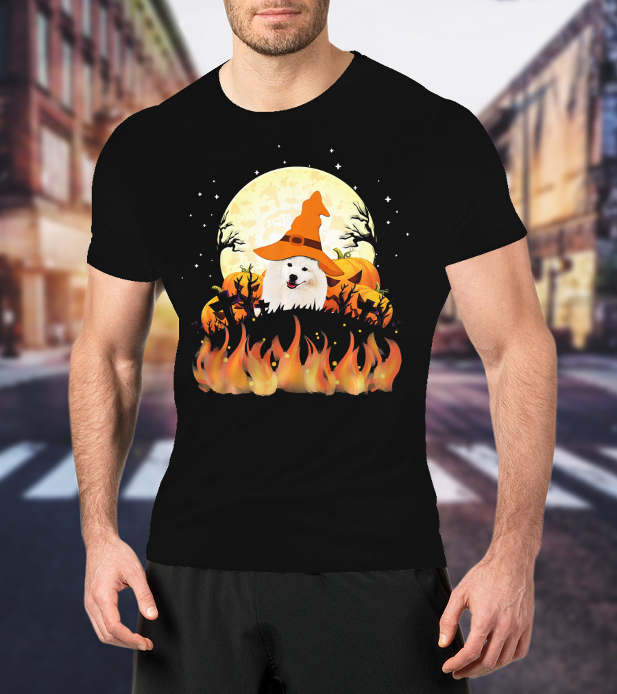 American Eskimo Dog Halloween Witch Moon Pumpkins Flames T-Shirt