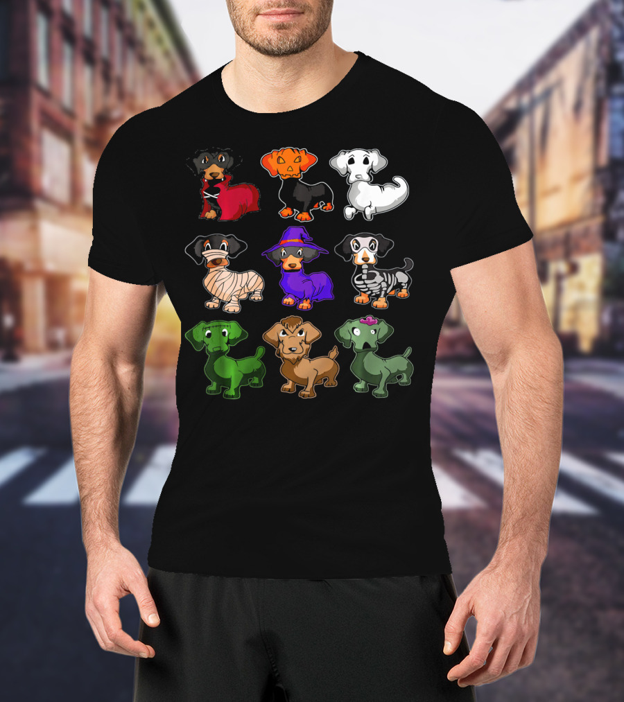 Dachshund Halloween Costumes Dracula Pumpkin Ghost Mummy Witch Skeleton Zombie Frankenstein T-Shirt