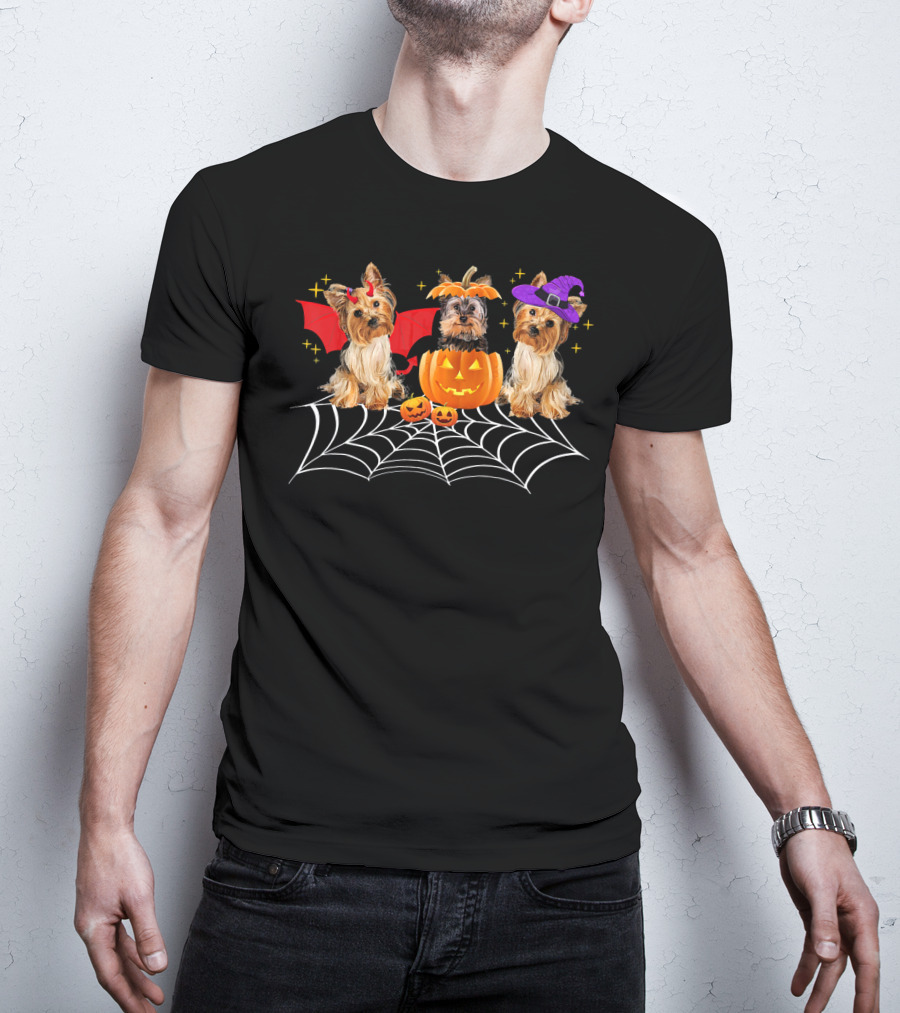 Halloween Yorkshire Terriers Pumpkin Bat Witch Spider Web T-Shirt