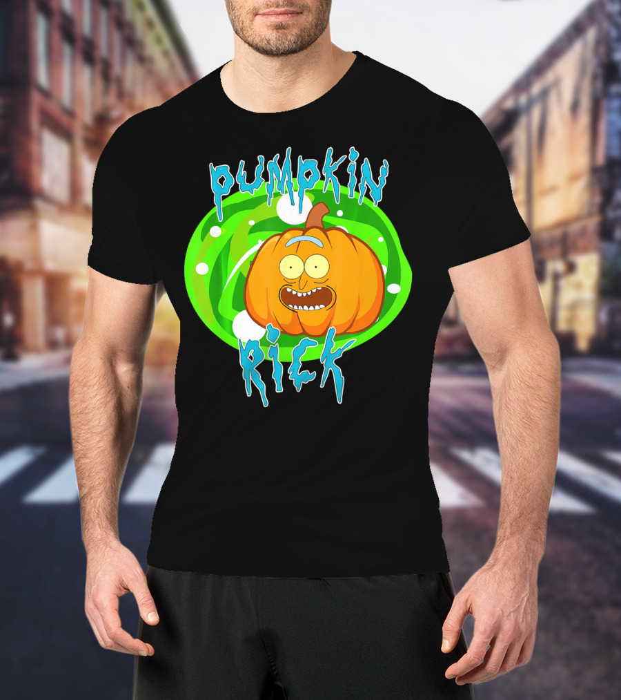 Pumpkin Rick Halloween Parody With Green Portal And Cartoon Face T-Shirt