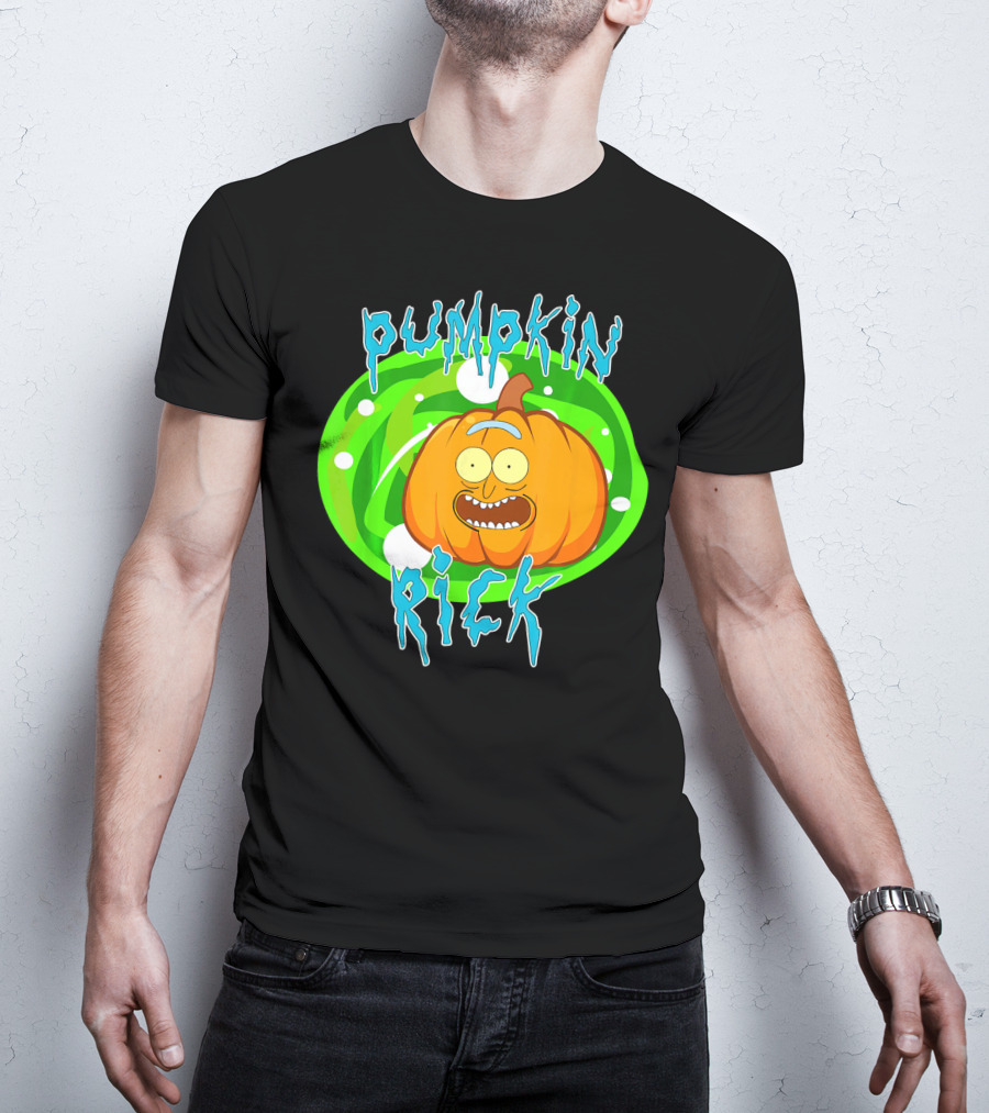 Pumpkin Rick Halloween Parody With Green Portal And Cartoon Face T-Shirt