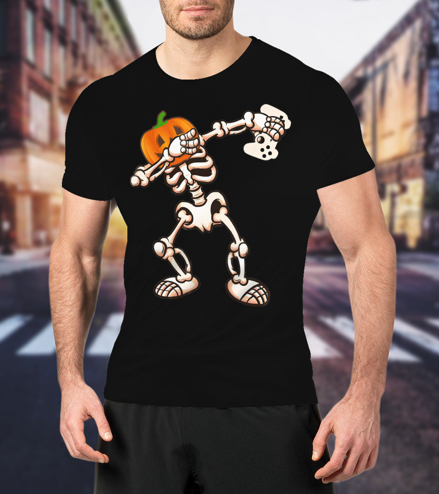 Halloween Dabbing Skeleton Pumpkin Head Video Game Controller T-Shirt