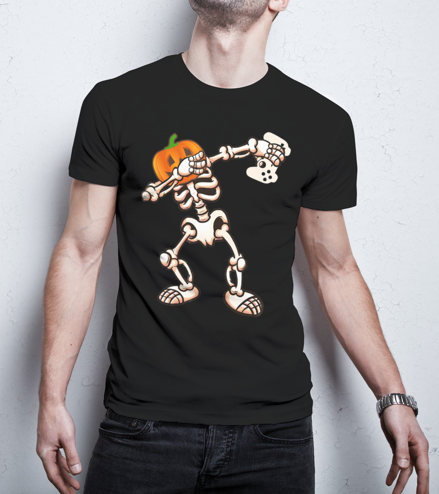 Halloween Dabbing Skeleton Pumpkin Head Video Game Controller T-Shirt