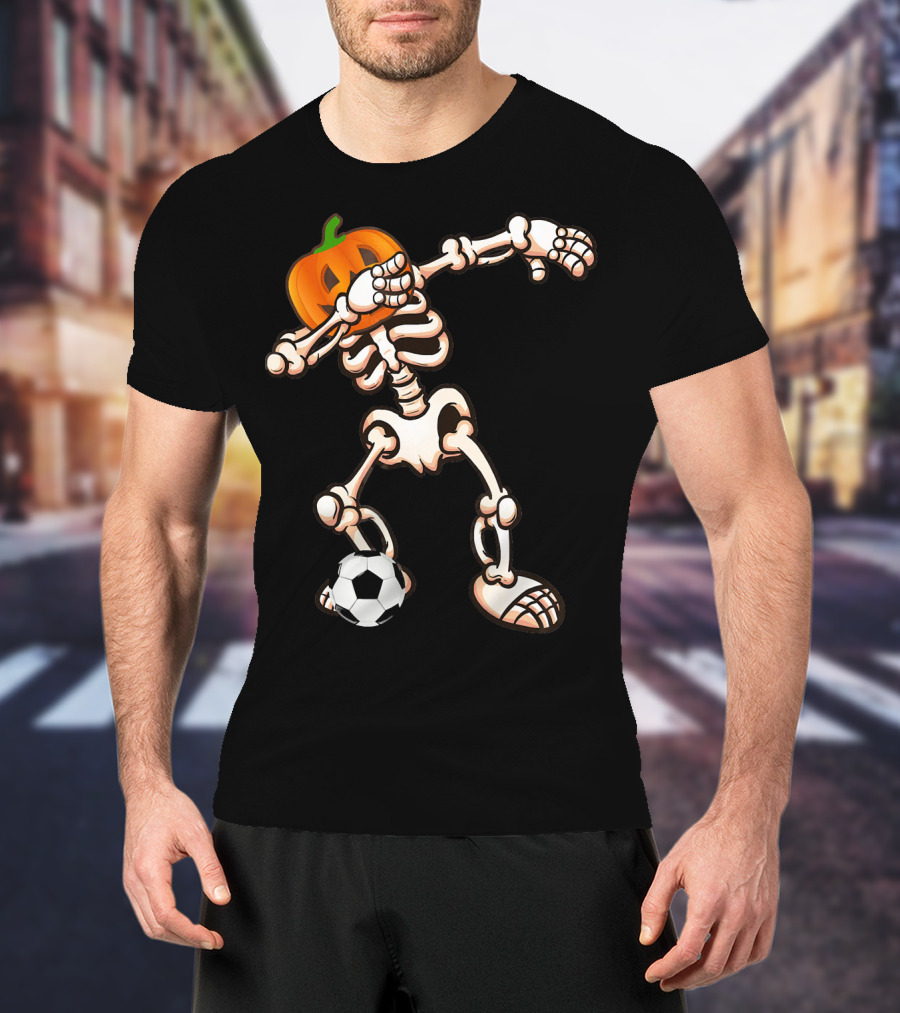 Funny Halloween Dabbing Skeleton Pumpkin Head With Soccer Ball T-Shirt