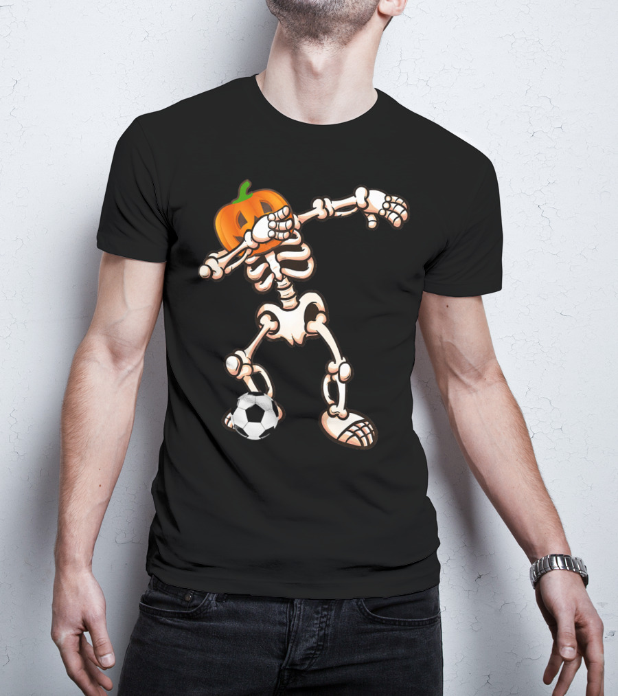Funny Halloween Dabbing Skeleton Pumpkin Head With Soccer Ball T-Shirt