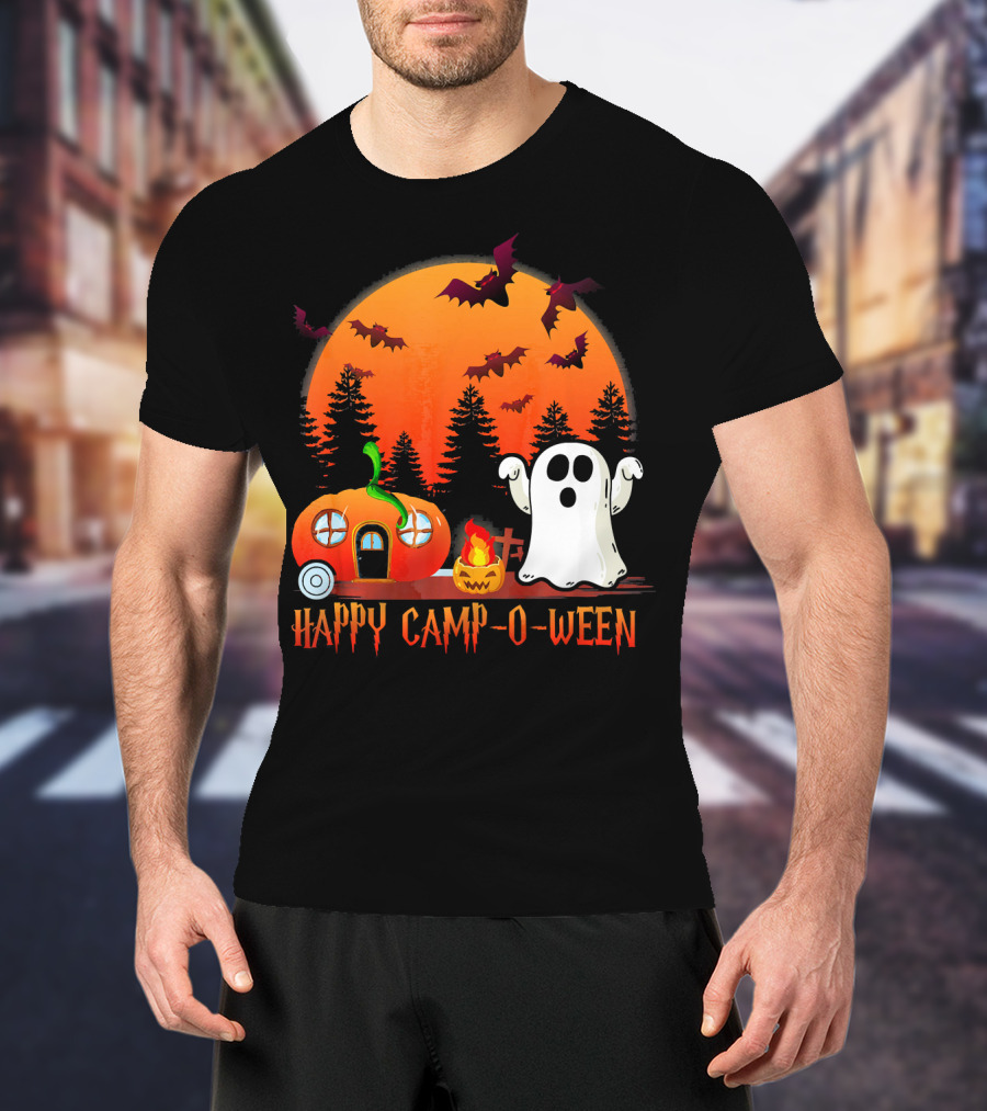 Happy Camp O Ween Funny Pumpkin Boo Ghost Moon With Bat Silhouette In Spooky Forest T-Shirt