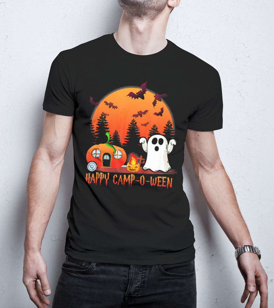 Happy Camp O Ween Funny Pumpkin Boo Ghost Moon With Bat Silhouette In Spooky Forest T-Shirt