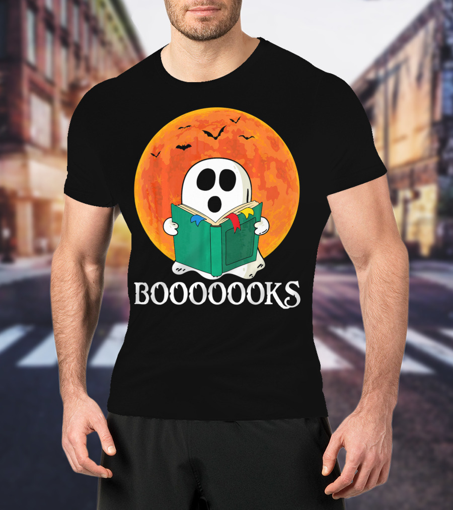 Funny Halloween Booooks Cute Ghost Reading With Full Moon And Bats T-Shirt