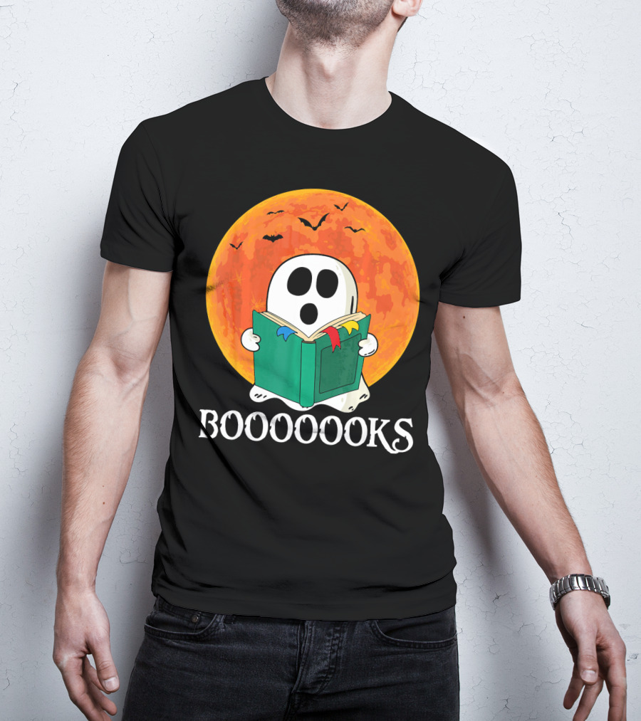 Funny Halloween Booooks Cute Ghost Reading With Full Moon And Bats T-Shirt