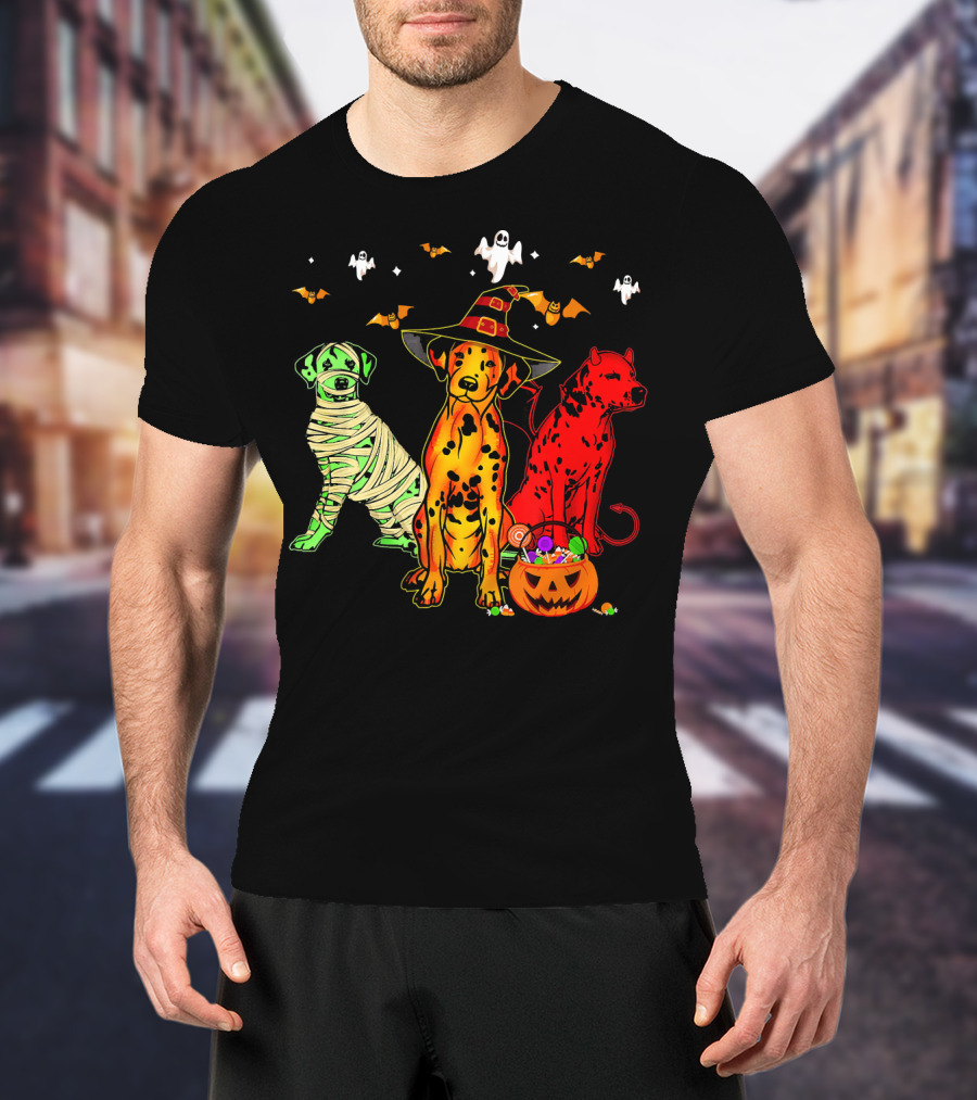 Funny Dalmatian Halloween Witch Mummy Devil Costume Party With Ghosts And Bats T-Shirt