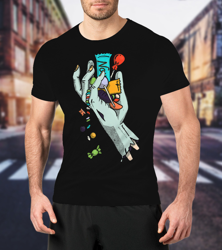 Holidaze Trick Or Treat Zombie Hand No Treats Candies Balloon T-Shirt