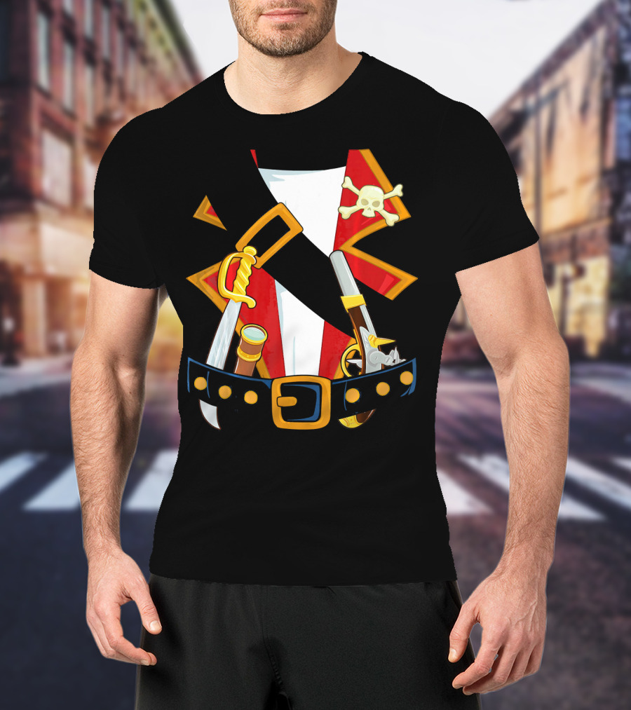 Pirate Costume Skull Crossbones Sword Pistol Belt T-Shirt