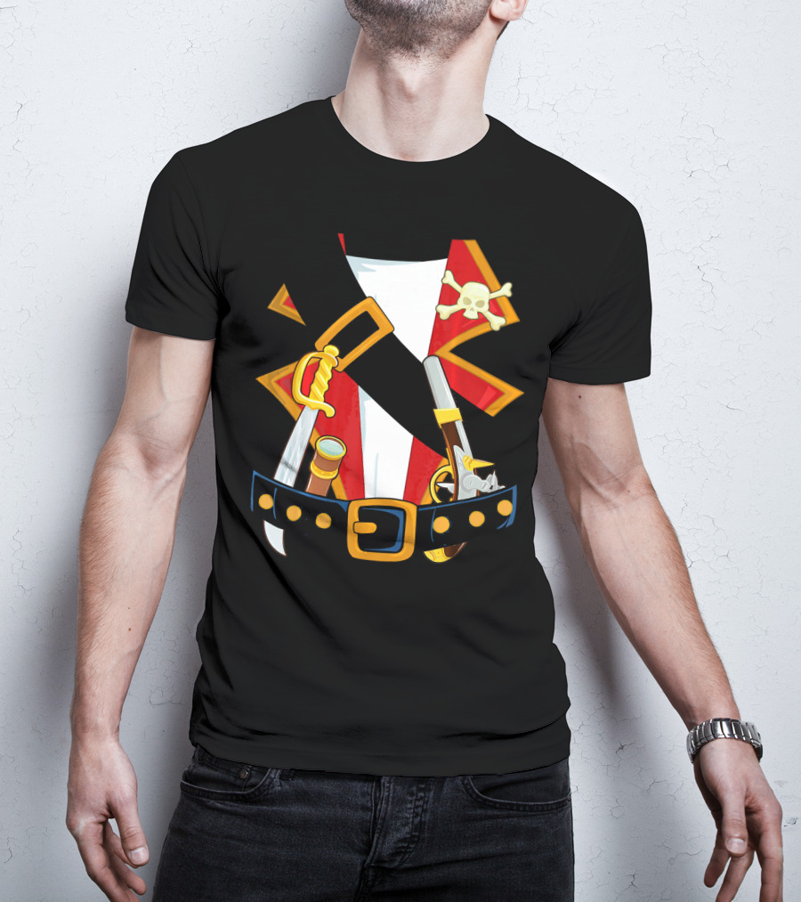 Pirate Costume Skull Crossbones Sword Pistol Belt T-Shirt