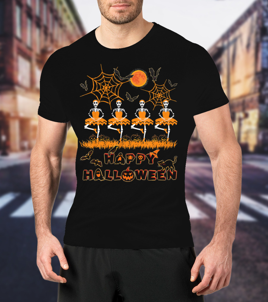 Happy Halloween Dancing Ballet Skeletons With Spiders And Bats T-Shirt