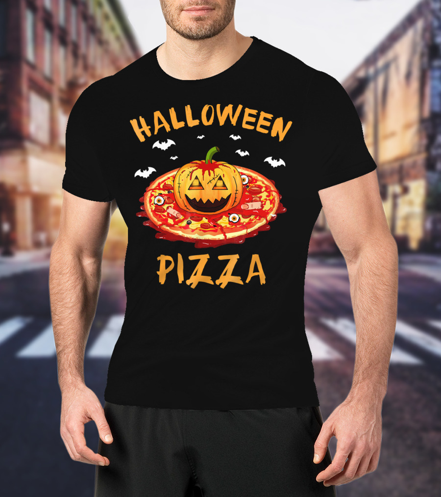 Halloween Pizza Pumpkin With Bats And Spooky Toppings T-Shirt