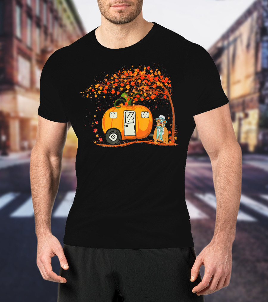 Bulldog With Pumpkin Camping Van Under Autumn Tree T-Shirt