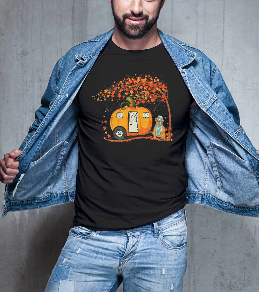 Bulldog With Pumpkin Camping Van Under Autumn Tree T-Shirt