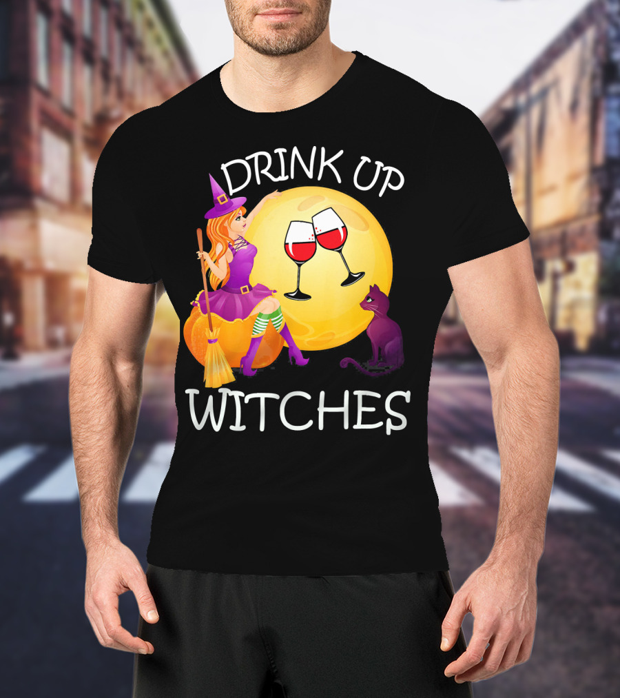 Drink Up Witches Halloween Wine Moon Cat Broomsticks T-Shirt
