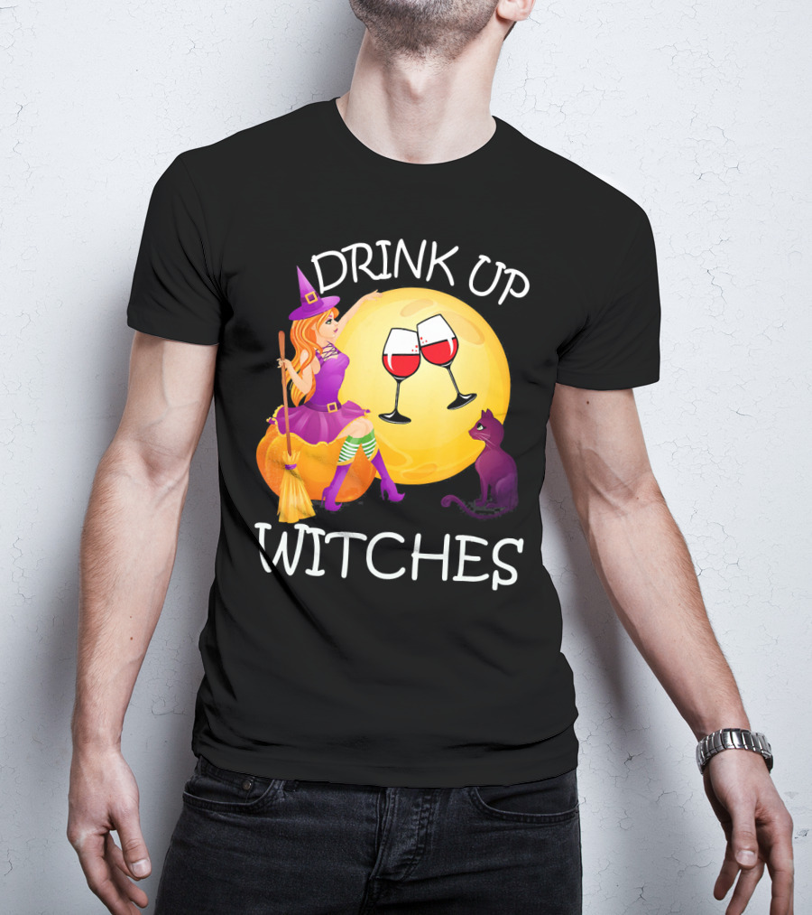 Drink Up Witches Halloween Wine Moon Cat Broomsticks T-Shirt