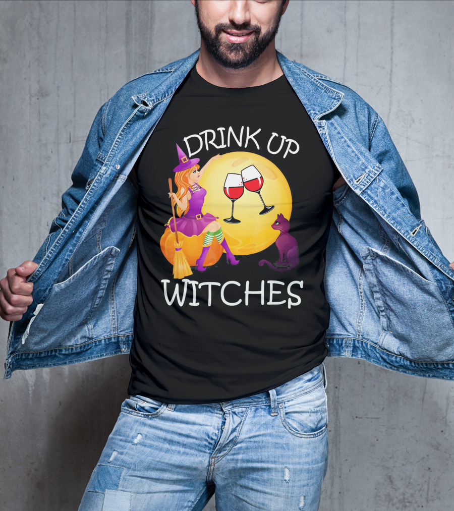 Drink Up Witches Halloween Wine Moon Cat Broomsticks T-Shirt
