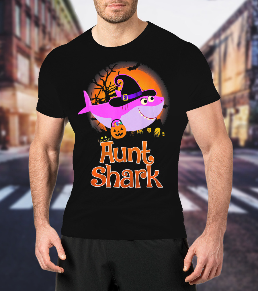 Aunt Shark Halloween Witch With Pumpkin On Orange Full Moon T-Shirt