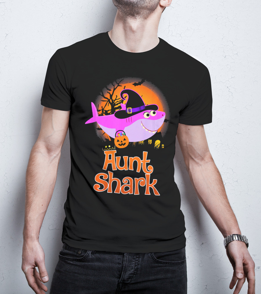 Aunt Shark Halloween Witch With Pumpkin On Orange Full Moon T-Shirt