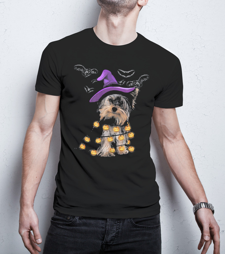 Yorkie In Witch Hat With Pumpkin Lights And Bats T-Shirt