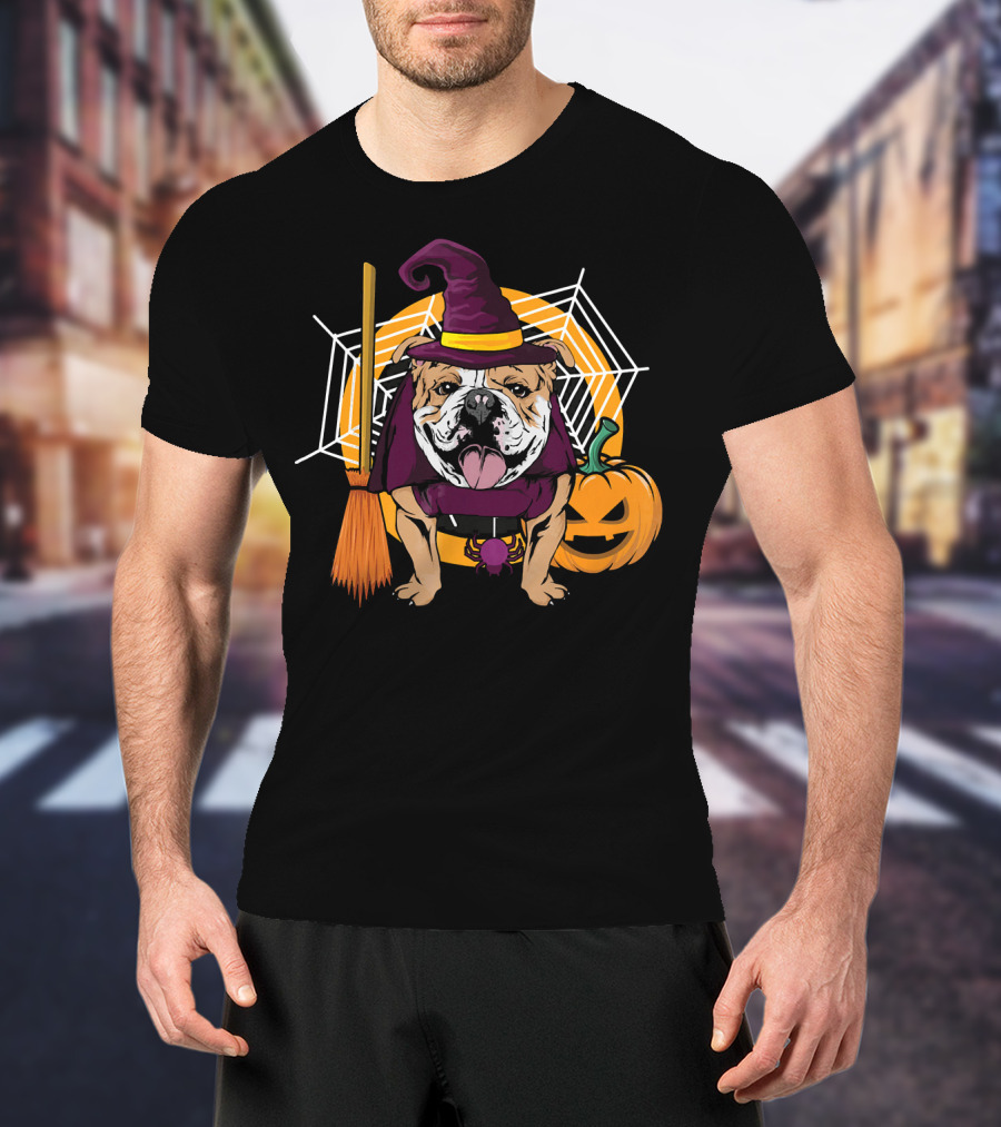 Witch Bulldog Halloween Pumpkin Broom Spiderweb T-Shirt