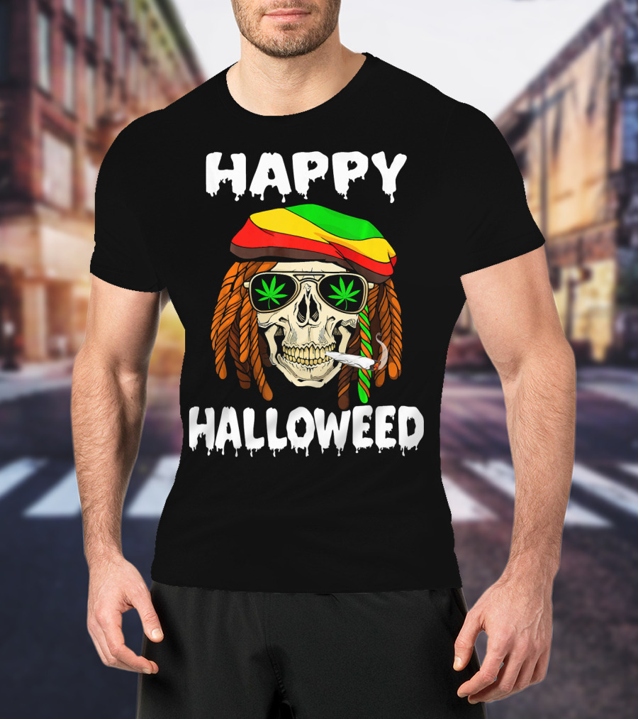 Happy Halloweed Smoking Rasta Skull With Cannabis Sunglasses T-Shirt