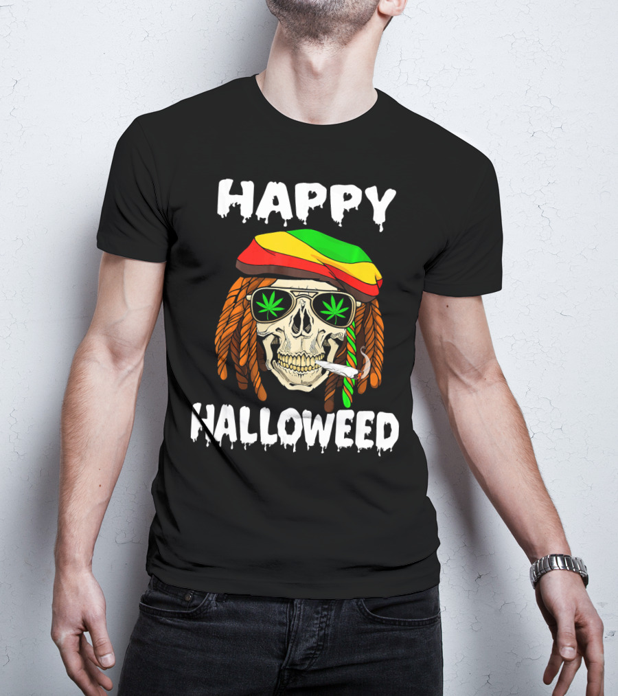 Happy Halloweed Smoking Rasta Skull With Cannabis Sunglasses T-Shirt