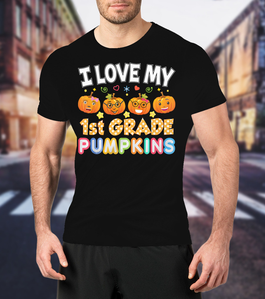 I Love My 1st Grade Pumpkins Halloween Emojis And Stars T-Shirt
