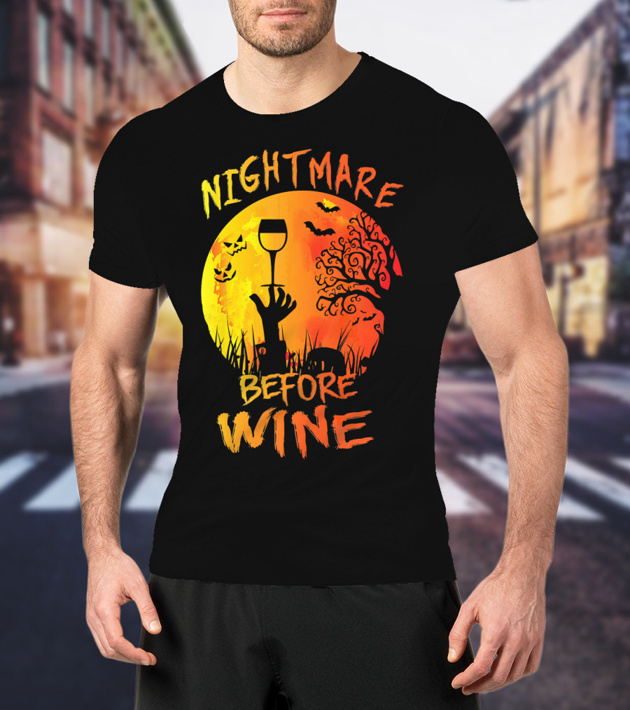 Nightmare Before Wine Halloween Scary Moon Scene T-Shirt