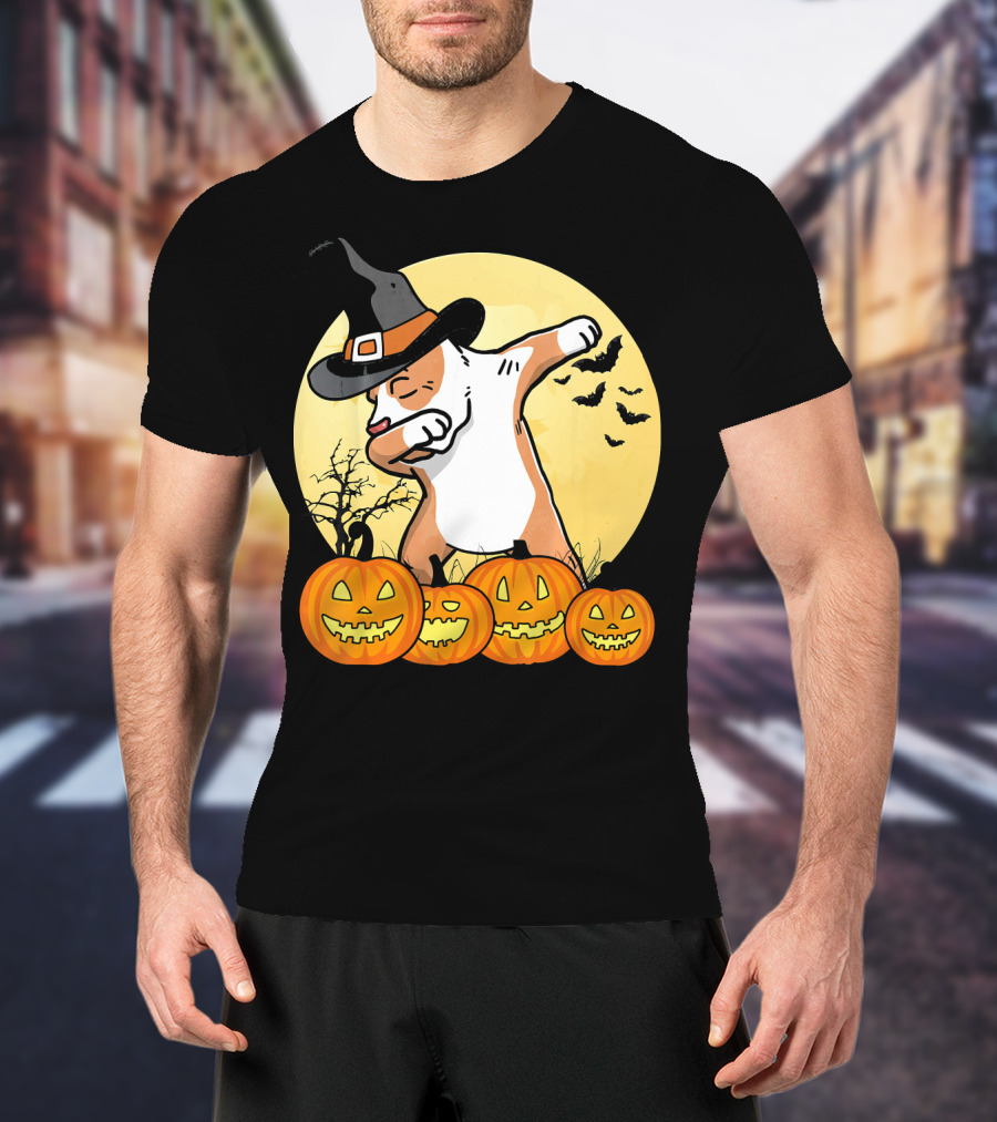 Dabbing Pit Bull Halloween Witch Hat Pumpkins Bats Dance Funny Dog T-Shirt