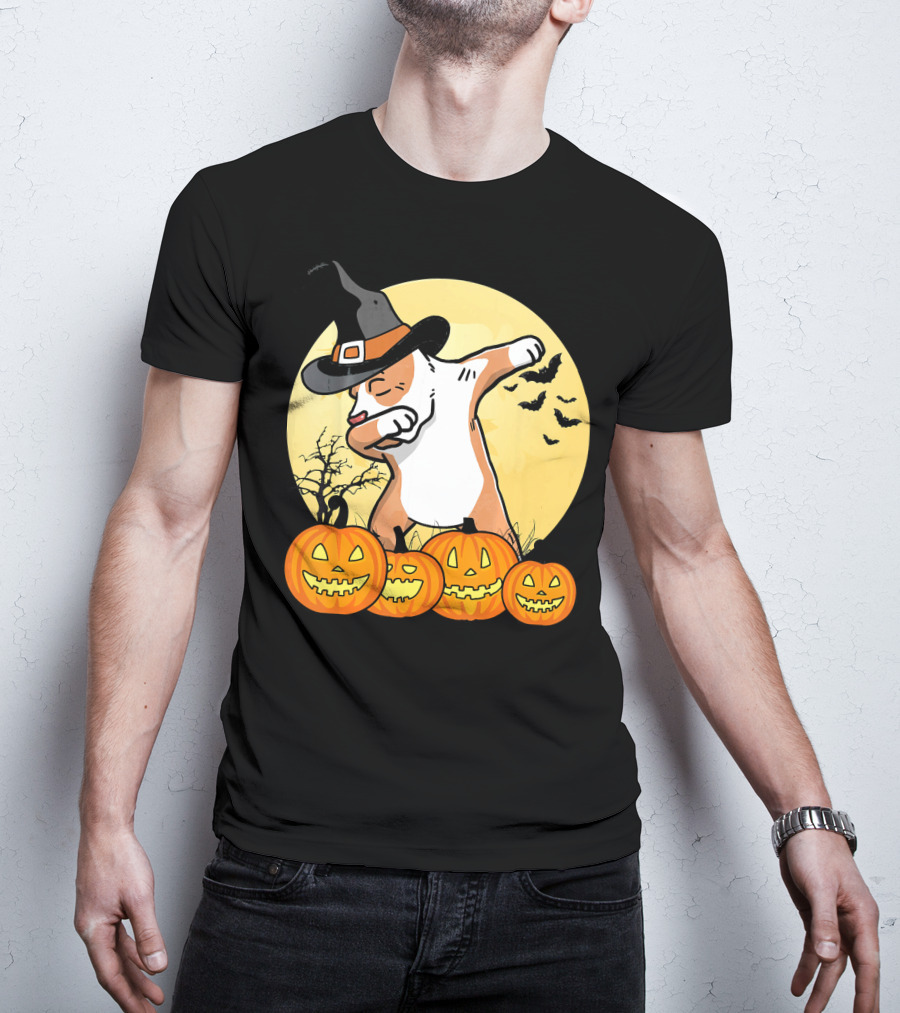 Dabbing Pit Bull Halloween Witch Hat Pumpkins Bats Dance Funny Dog T-Shirt